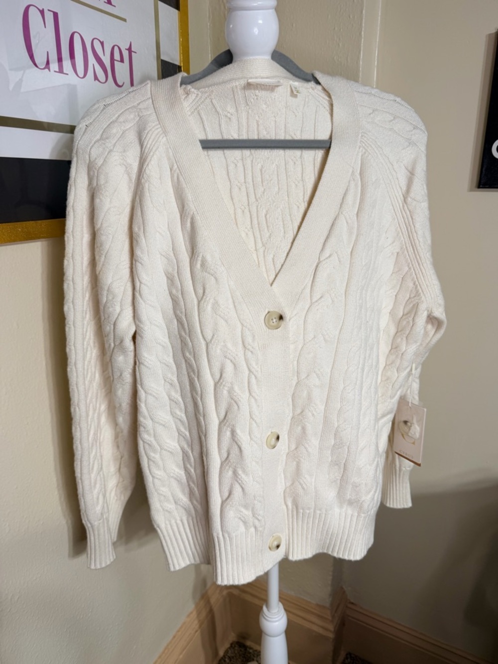 Cyrus Cream Cable Knit V-Neck Button Cardigan